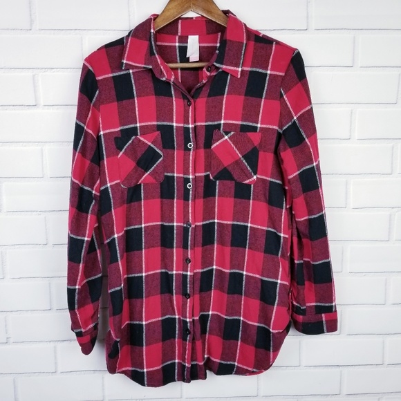 No Boundaries Tops - Black Red Plaid Button Up Flannel No Boundaries XL